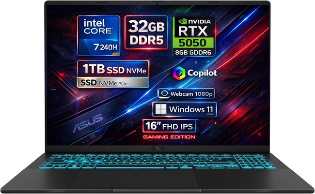 ASUS Computer Portatile PC Gaming 16" FHD IPS, Intel Core 7 240H 5,2GHz SSD 1TB NVMe, NVIDIA RTX 5050 8GB GDDR6