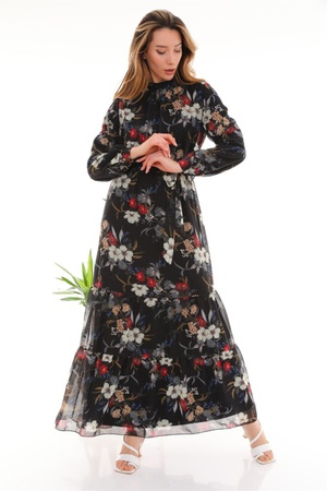 Женское черное длинное платье с цветочным узором и воротником-стойкой
