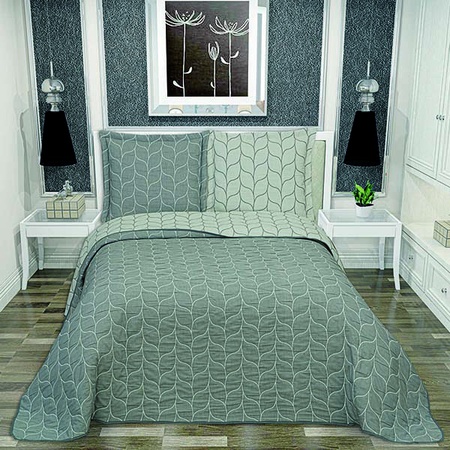 Safir Yaprak Yatak Örtüsü Çift Yüz Gümüş Gri