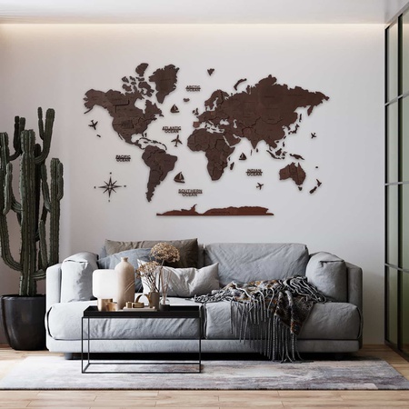 3D hacimsel ahşap dünya haritası, Boyut XL (200*120) KAHVERENGİ