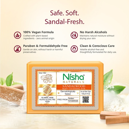 Nisha Sandalwood Body Cleansing Soap Bar 125g – Paraben Free, Vegan, Gentle Cleanse for Soft & Supple Skin, Suitable for All Skin Types, Men & Women