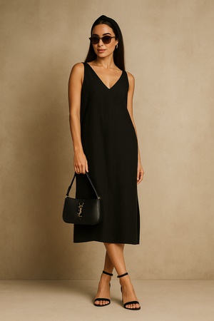 Элегантный черный сарафан с V-образным вырезом