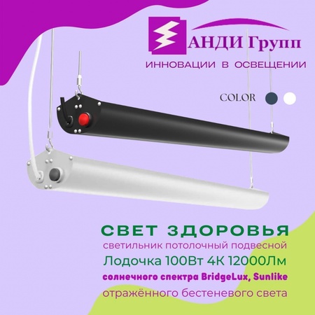 LED «Лодочка» 100W, BridgeLux, Sunlike солнечного спектра, светильник потолочный подвесной отраженного света,  2 М, 12000 ЛМ, 3500–4000 К,  – АНДИ Групп