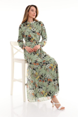 Женское длинное шифоновое платье с зеленым цветочным узором и воротником-стойкой