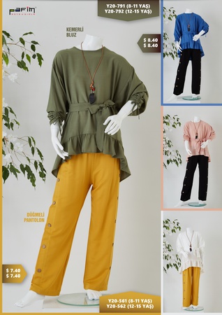 Kemerli Bluz / Düğmeli Pantolon