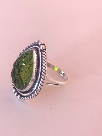 Handmade Sterling Silver Moldavite Ring: Bohemian Statement Jewelry