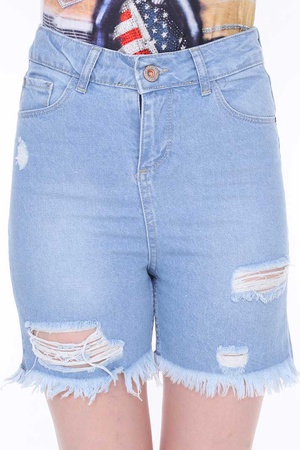 Lazer Yırtık Yüksek Bel Püsküllü Kot Şort