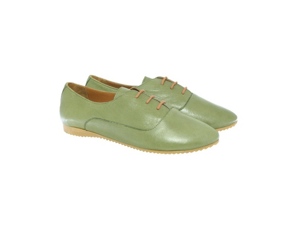 Genuine Leather, Khaki, Laced, Oxford, Casua,l Handmade, Women Shoes