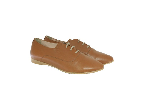 Genuine Leather, Tan, Laced, Oxford, Casual, Handmade, Women Shoes