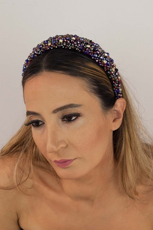 Bijusel Elişlemesi Kristal Parlak Boncuklu Karışık Renkli Kadife Taç