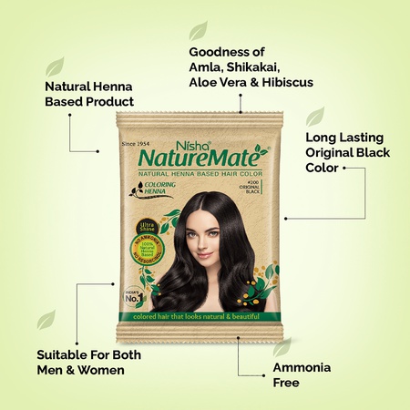 Nisha Nature Mate Henna Powder 10g Sachet Pack of 10 - Original Black | Ammonia-Free, Safe Hair Coloring Solution
