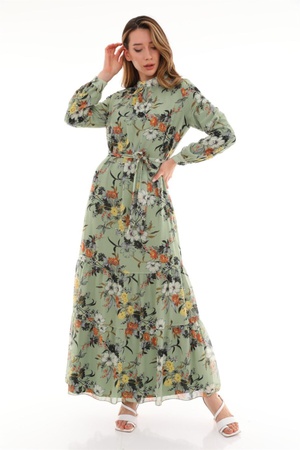 Женское длинное шифоновое платье с зеленым цветочным узором и воротником-стойкой