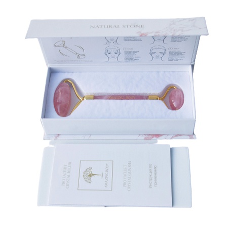 مدلك للوجه (بكرة) مصنوع من الكوارتز الوردي جسم رائع. إصدار فاخر - يتضمن تعليمات وصندوق وحزمة ذات علامة تجارية