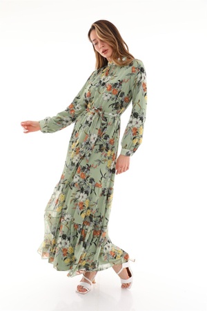 Женское длинное шифоновое платье с зеленым цветочным узором и воротником-стойкой