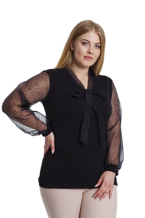 Плюс размер галстук воротник органза блузка