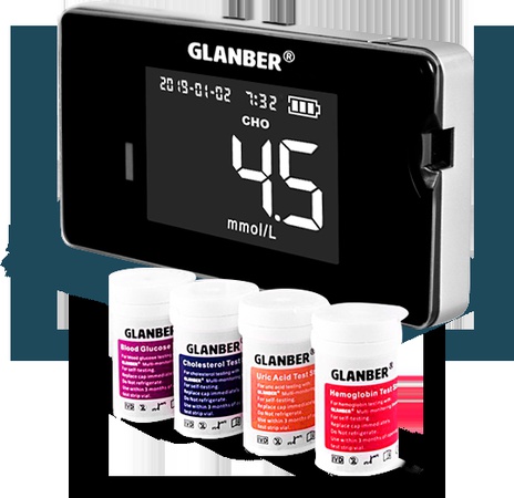 4-in-1 blood glucose meter GLANBER. Glucose. Cholesterol. Hemoglobin. uric acid. Test strips, lancets. Become Dealers