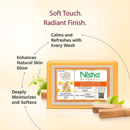 Nisha Sandalwood Body Cleansing Soap Bar 125g – Paraben Free, Vegan, Gentle Cleanse for Soft & Supple Skin, Suitable for All Skin Types, Men & Women
