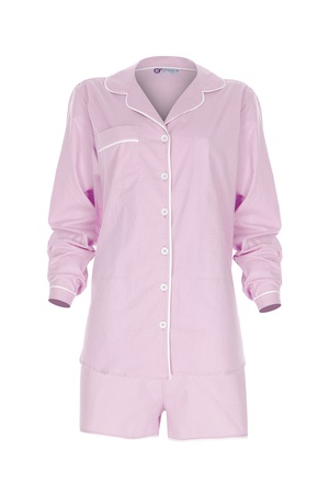 LİNEN- ÇİZGİLİ BAYAN UZUN KOLLU ÜST - ŞORT PİJAMA TAKIM - PEMBE -BEYAZ
