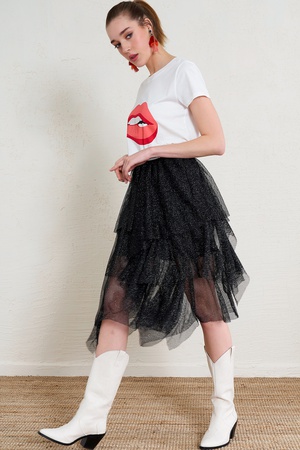 Pleated Asymmetric Cut Tulle Skirt