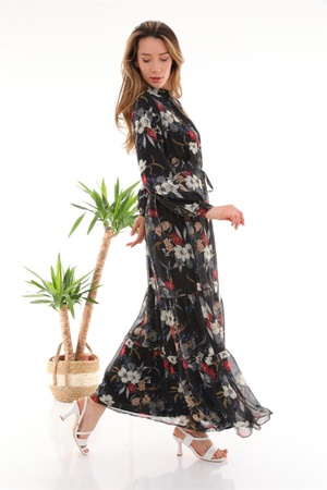 Женское черное длинное платье с цветочным узором и воротником-стойкой