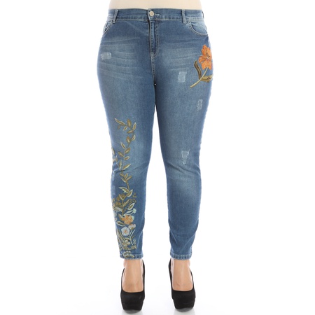 Büyük Beden Nakışlı Spor Kot Pantolon