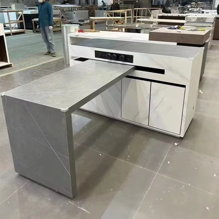 Kitchen island with pull-out table and storage drawers