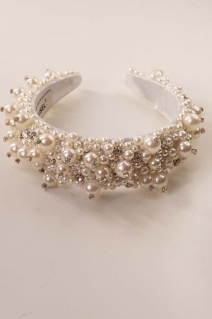 Bijusel El İşlemesi İncili Kristal Taşlı Kadife Taç