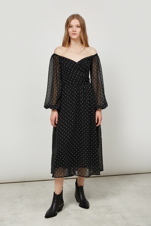 Платье миди с открытыми плечами в белый горох MustHave