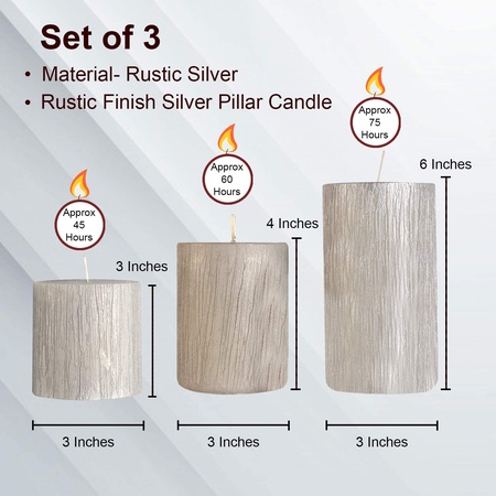 AuraDecor Set of 3 Silver Pillar Candles in a Gift Set ( 3*3, 3*4, 3*6 inch )