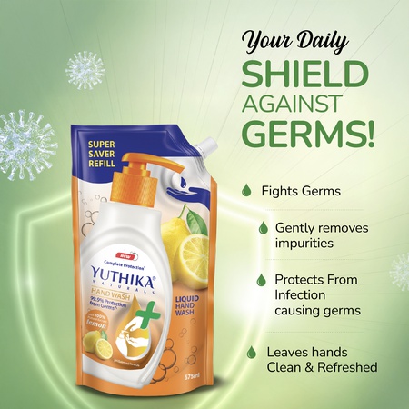 Yuthika Germ Protection Lemon Hand Wash liquid Refill 675ml | Antibactirial Handwash with PH balanced Formula