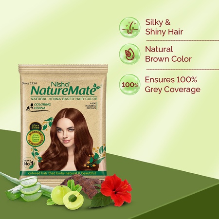 Nisha Nature Mate Henna Powder 15g Sachet Pack of 10 - Natural Brown | No Ammonia, Gentle and Vibrant Hair Color