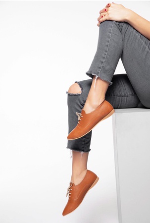 Genuine Leather, Tan, Laced, Oxford, Casual, Handmade, Women Shoes