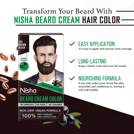 NISHA Mustache & Beard Cream Hair Color For Men, 100% Gray Coverage In 10 Minutes, Original Black, 1.35 Oz