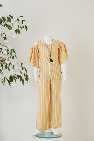 Полосатый женский комбинезон с низким рукавом