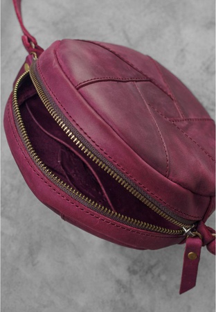 Кожаная круглая женская сумка Бон-Бон бордовая Crazy Horse