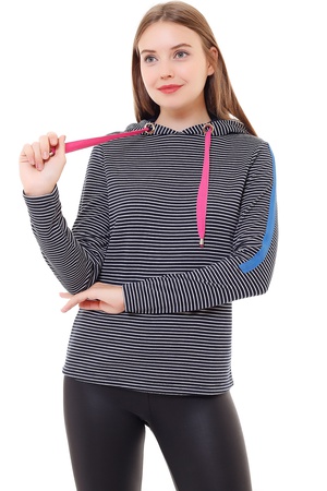 Демакс Женский сезонный свитшот в черную полоску THIN STRIPED HOODED POLAR