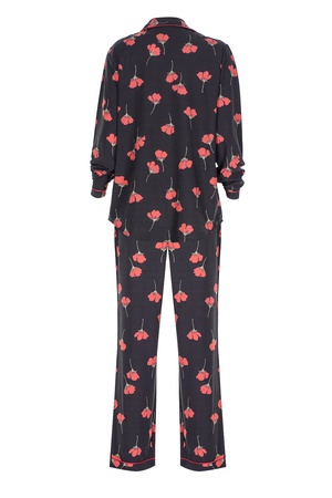 TENCEL - BİYELİ BAYAN PİJAMA TAKIM -SİYAH GELİNCİKLİ