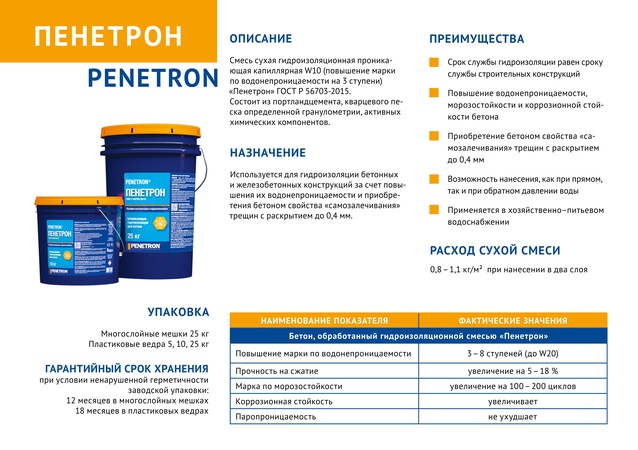 Гидроизоляция Пенетрон (Penetron) для проникающий гидроизоляции бетонной поверхности обмазочная