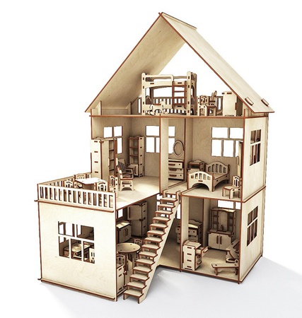 Конструктор-кукольный домик ХэппиДом "Коттедж с пристройкой и мебелью" из дерева