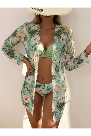 Бикини с цветочным принтом БЫСТРОСУХОЙ купальник из трех частей, комплект бикини с пуш-ап, пляжный купальник с длинными рукавами