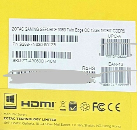 ЗОТАК Гейминг   GeForce RTX 3060 Twin Edge OC 12 ГБ GDDR6 192-бит 15 Гбит/с PCIE 4.0 G