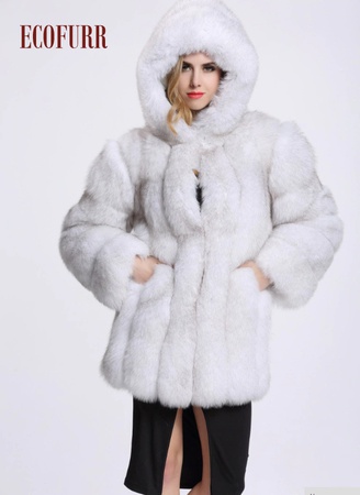 Шуба с капюшоном под песца (экошуба)