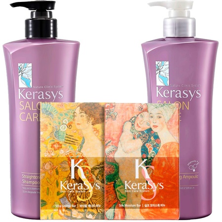 KeraSys Salon Care Выпрямление (шампунь 470г + кондиционер 470г + мыло 2шт) Подарочный набор