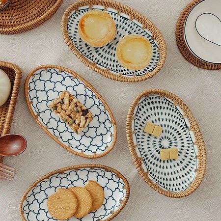 Керамический и ротанговый поднос ручной работы, сервировочный поднос, декор стола