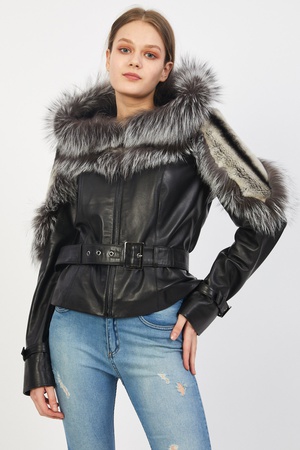 Women Genuine Leather Jacket with Silver Fox Hood - Front, Back and Shoulder Rex Fur Detail  - Slim Fi