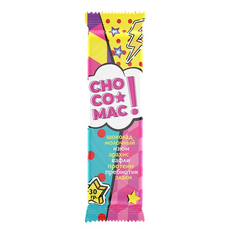 Chocolate "CHOCO-MAC" white with raisins, peanuts, cereals, waffles, protein and prebiotic, 30g