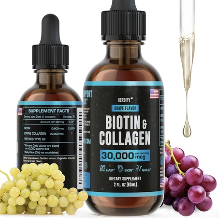 Капли с коллагеном и биотином — быстрое усвоение, способствующее росту волос и укреплению ногтей — витамины для волос, кожи и ногтей для женщин и мужчин — добавка B7 — сделано в США