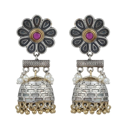 FASHIONABLE OXIDIZED JHUMKAS WITH PEARLS AND GHUNGROO