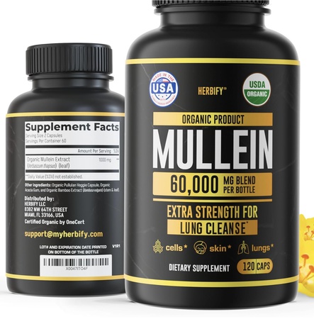 Капсулы с коровяком — очищение лёгких — экстракт листьев — мощный коровяк для поддержки иммунитета, детоксикации и поддержки дыхания — сделано в США — растительные добавки — 120 капсул