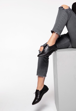 Genuine Leather, Black, Laced, Oxford, Casual, Handmade, Women Shoes